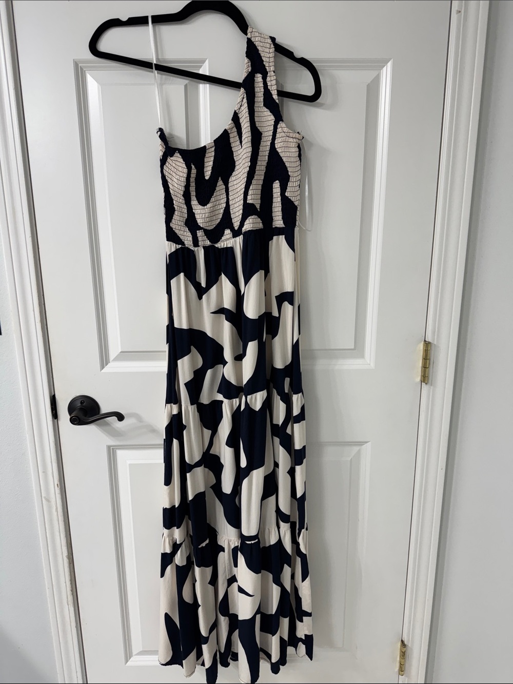 One shoulder Navy and Cream Print Maxi Dress
